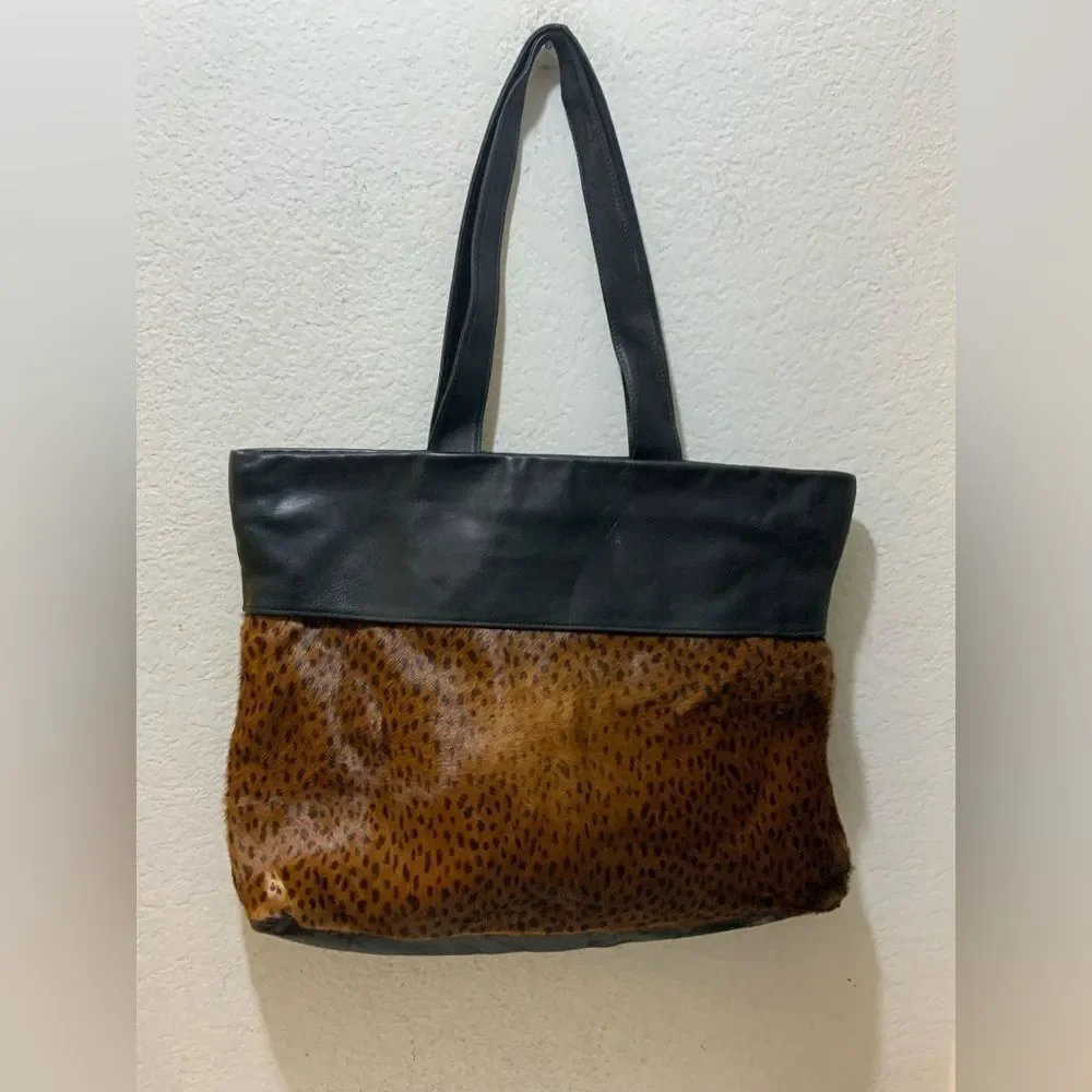 Vtg Viva Bags of California Animal Printed Hair Leather Tote Purse top zip
